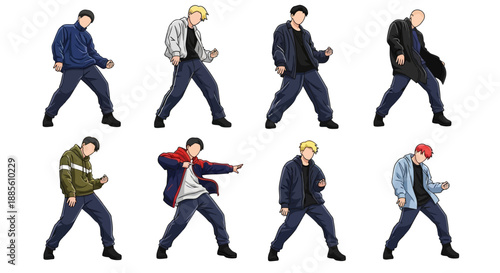 Diverse group of young men in casual wear performing dynamic dance moves