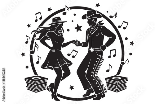 A black and white illustration of a man and woman dancing in a country western style with music notes and stars.