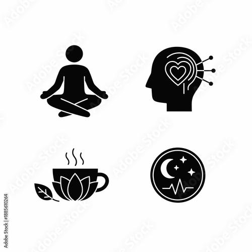 Wellness and Mental Health Icon Set with Meditation and Herbal Tea