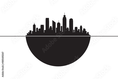 A black silhouette of a city skyline rising above the water's surface on a white background