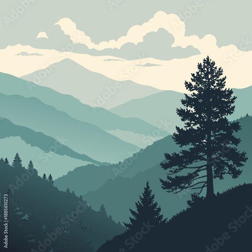 Misty mountain range, subtle opacity, minimalist vector landscape art, atmospheric fog effect.