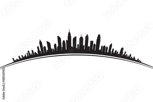 A black silhouette of a city skyline against a white background with a curved line