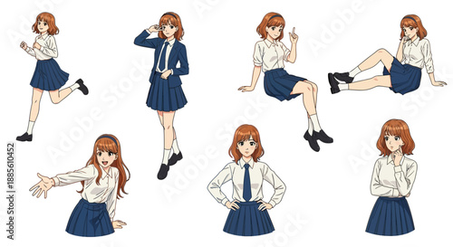 Young schoolgirl character set in various dynamic poses