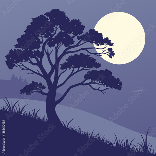 Minimalist moonlit landscape with a single tree silhouette against a starry night sky, vector art.