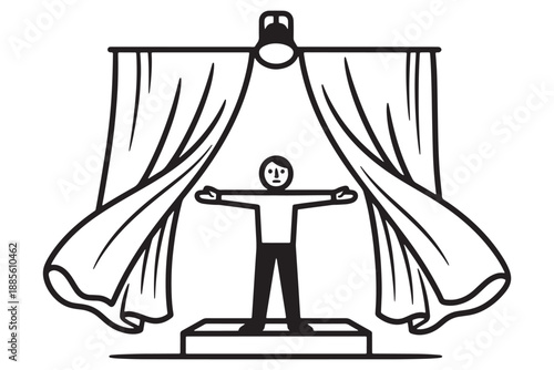 A cartoon man standing on a stage with open curtains and a spotlight shining down.