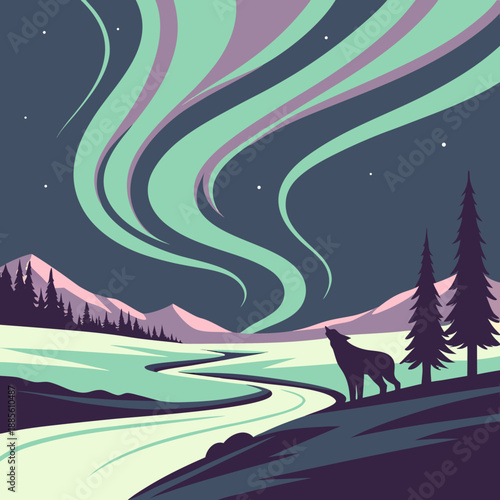 Aurora-inspired polar night, minimalist vector landscape, ethereal green and blue glow.