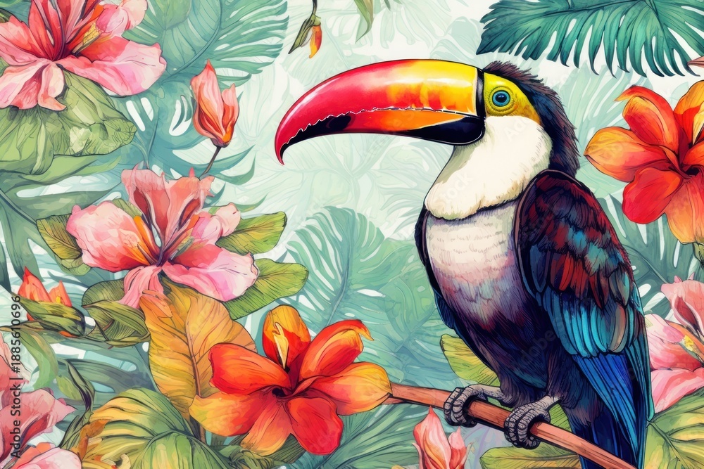 Fototapeta premium Vintage drawing of toucan bird pattern outdoors animal nature.
