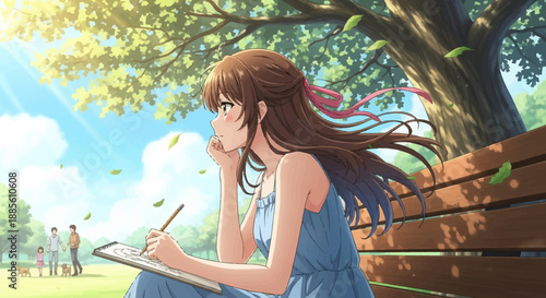 Young woman writing in notebook on park bench with family and dogs in background