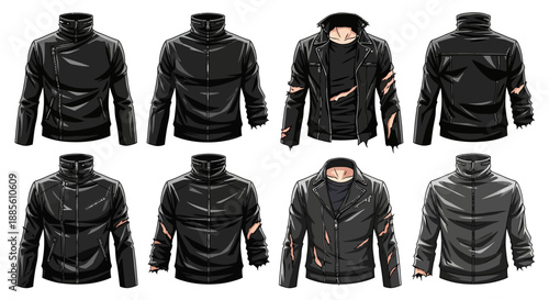 Collection of stylish black leather jackets with ripped details
