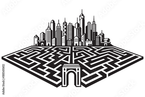 A black and white illustration of a city skyline above a maze with an archway leading to the buildings.