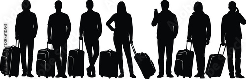 Travelers silhouettes with suitcases standing and walking, modern travel and tourism concept, black 