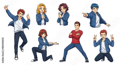 Diverse group of young adults in casual poses with energetic expressions