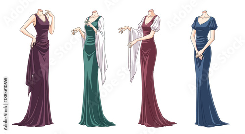 Elegant women in stylish evening gowns and formal dresses