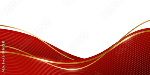 Red and gold wave frame background. Elegant wavy lines with metallic highlights curve around empty center for text placement. Luxury border template. Vector illustration
