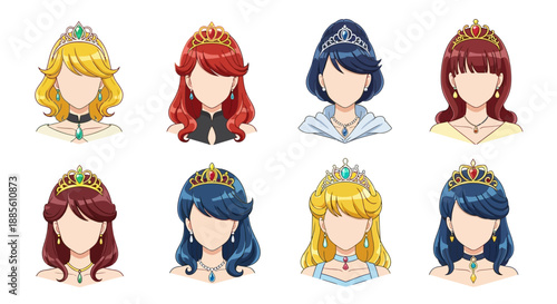 Cartoon princesses with tiaras and jewelry in various hairstyles