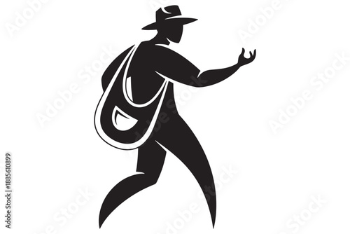 A black silhouette of a man wearing a hat and carrying a bag while running