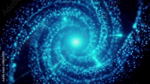 Cosmic Dance of Light: A mesmerizing spiral of radiant blue particles swirls gracefully, converging towards a brilliant central core. This captivating depiction of energy, space, and motion.