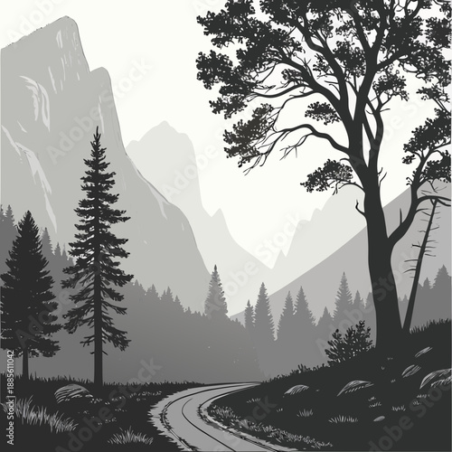 Misty mountain pass landscape illustration in monochrome vector, evoking a mysterious and atmospheric mood with smooth gradients and clean lines.