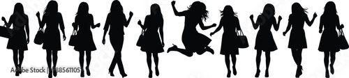 Cheerful shopping women silhouettes jumping and walking with bags, dynamic female lifestyle illustration in black vector style representing happiness, fashion, freedom, and modern consumer culture