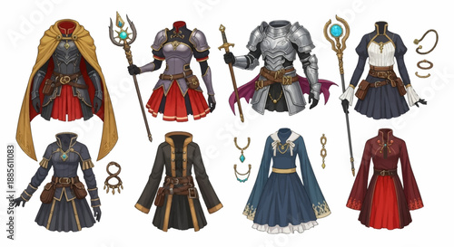 Fantasy character outfits with armor and magical accessories