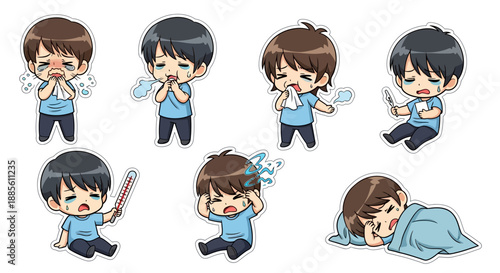 Sick cartoon boy with various illness symptoms set