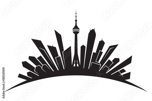 A black silhouette of a city skyline with a tall tower and modern buildings