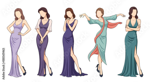 Elegant women in stylish evening gowns and formal wear