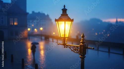 A warmly lit vintage street lamp illuminates a rainy city street at dusk with a lone figure