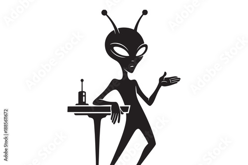 A cartoon alien stands next to a table with a device on it.
