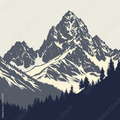 Mountain silhouette landscape using only two tones, creating a stark, minimalist representation of nature's grandeur in a bold vector graphic.