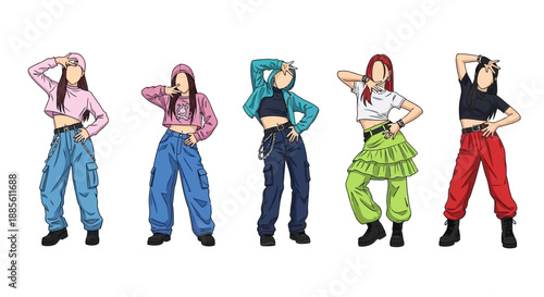 Vibrant young women in stylish streetwear posing dynamically