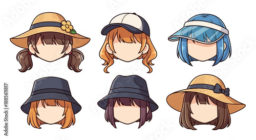 Cartoon anime girl heads wearing different hats and hairstyles