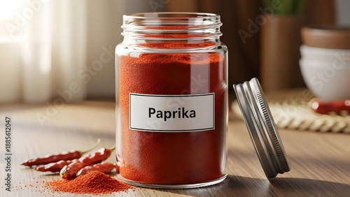 Vibrant paprika spice in a glass jar with dried chili peppers on a kitchen counter