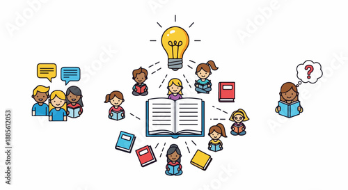 Illustration of children learning and collaborating around an open book and a bright idea lightbulb