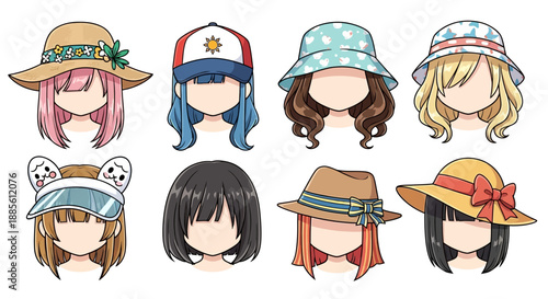 Cartoon women wearing various stylish hats and caps