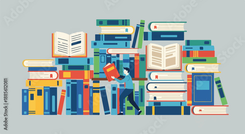 Man surrounded by stacks of books, reaching for a red book, illustration of knowledge and learning
