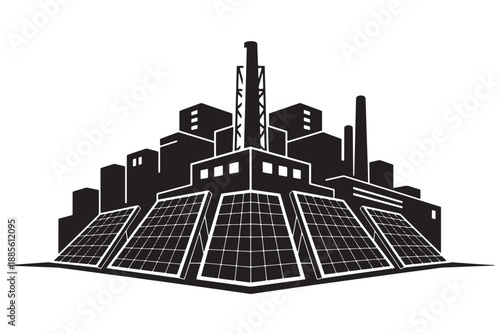A black and white illustration of a factory with solar panels on its roof
