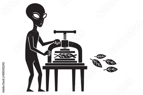 An alien using a manual press to extract juice from leaves on a table