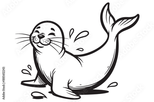 A cartoon seal is smiling and playing in the water with a joyful expression on its face.