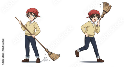 Cartoon boy enthusiastically sweeping with broom in hand