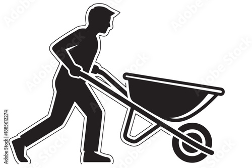 A silhouette of a man pushing a wheelbarrow on a white background