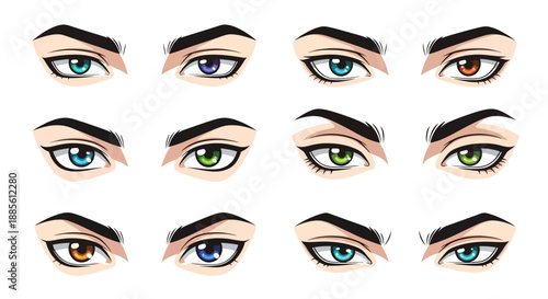 Cartoon eyes with different colored irises and expressions