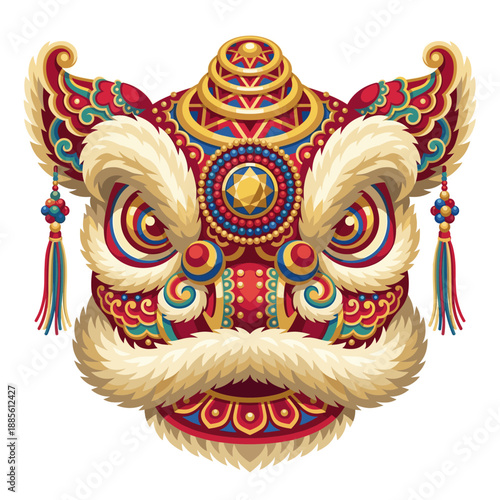 Chinese Lion Dance Mask, Colorful Red Gold Teal Festival Face and Tassels