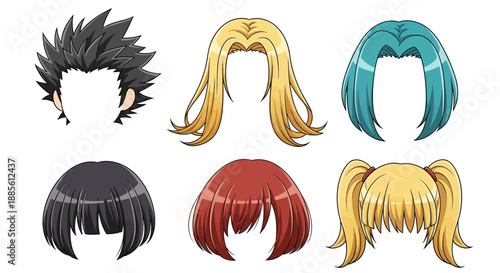 Cartoon hairstyles for characters in various vibrant colors and styles