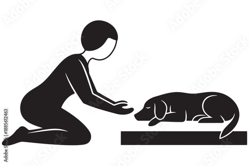 A woman kneeling down to pet a dog on a platform in a simple black and white illustration