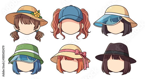 Diverse cartoon women wearing stylish hats and caps