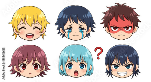 Diverse anime style cartoon faces expressing various emotions