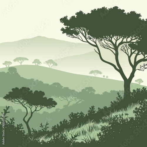 Ethereal plateau mist landscape with overlapping translucent vector shapes and soft colors.