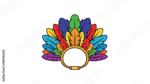 Colorful illustration of a headdress with multicolored feathers and a gold band on a white background.