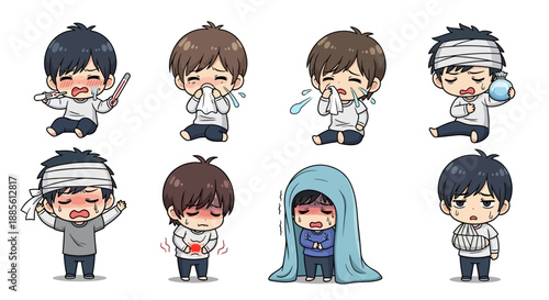 Cute cartoon characters expressing various sickness symptoms